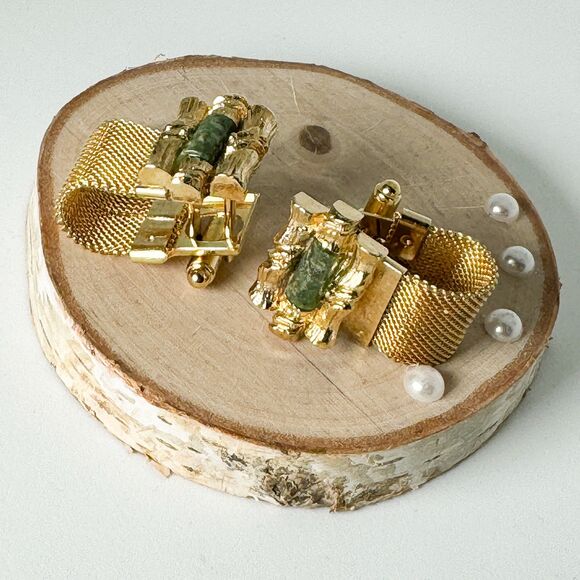 Vintage Jade Cufflinks Tie Clip Set Gold Tone Elegant Wedding Men Bamboo Asian - Picture 5 of 14